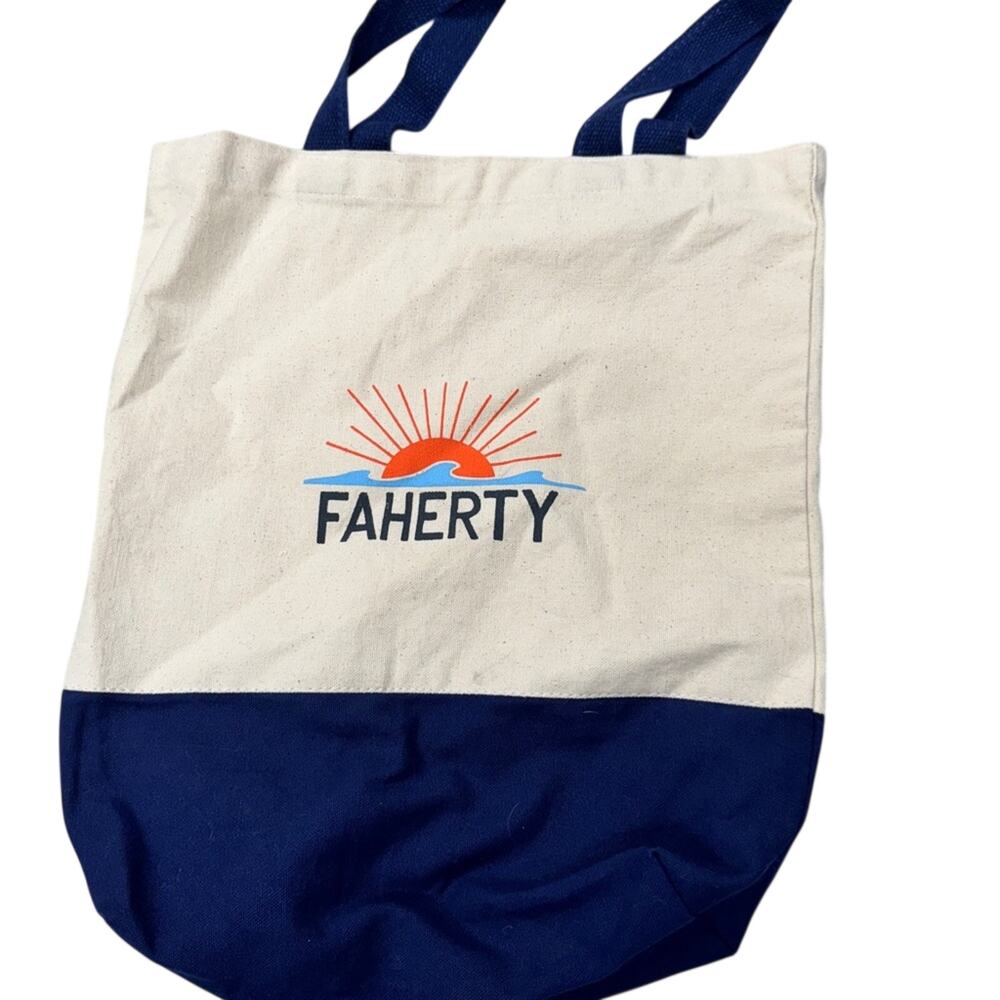 Faherty Cream Blue Canvas Reusable Tote Bag Shopping
